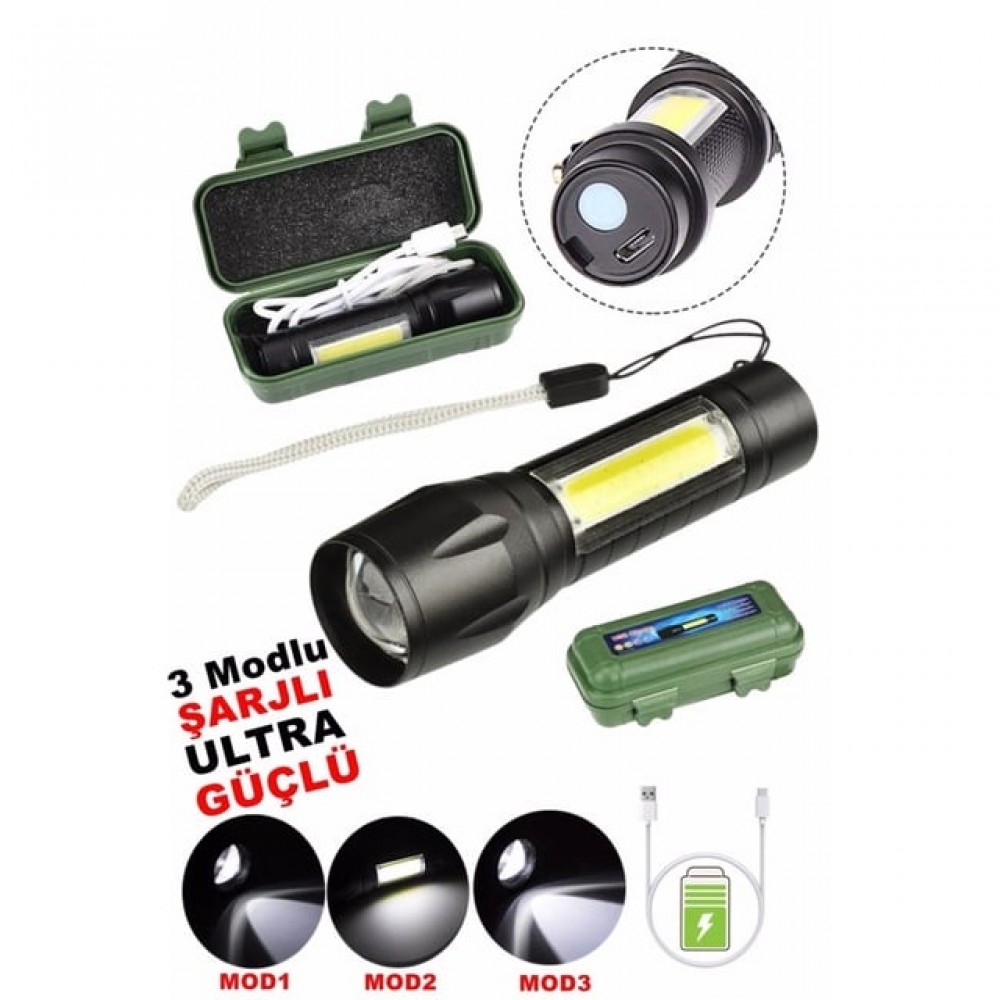 Ultra Güçlü Flaşörlü 2500 Lumen 5w Cob Led Usb Şarjlı El Feneri Ultra Güçlü Flaşörlü 2500 Lumen 5w Cob Led Usb Şarjlı El Feneri