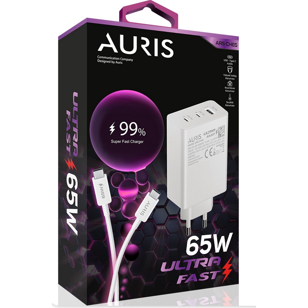 Auris ARS-CH65 65W 3 Çıkışlı Ultra Hızlı Şarj Seti Auris ARS-CH65 65W 3 Çıkışlı Ultra Hızlı Şarj Seti